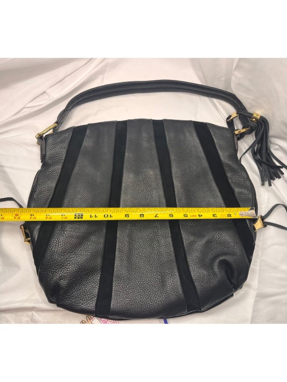 Aimee Kestenberg Black Leather Suede Stripe Hobo Shoulder Bag Gold Tassel - Picture 9 of 12